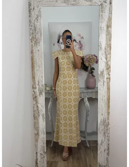 Vestido brocado amarillo y beige