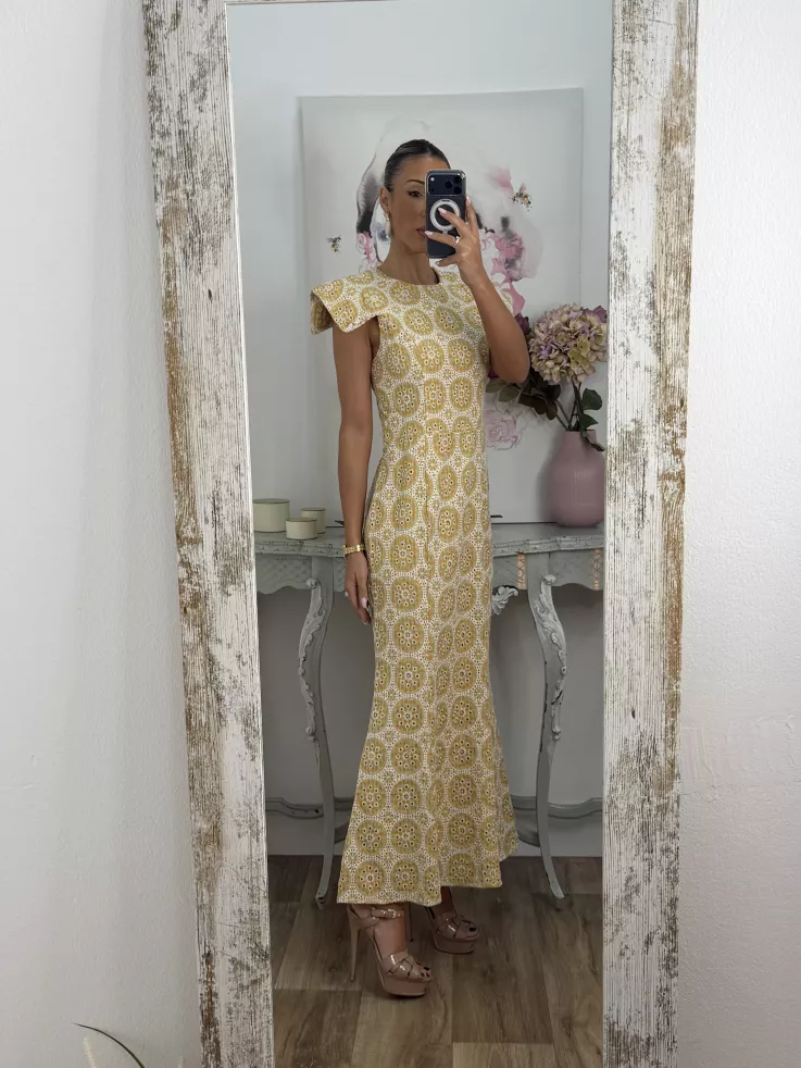 Vestido brocado amarillo y beige