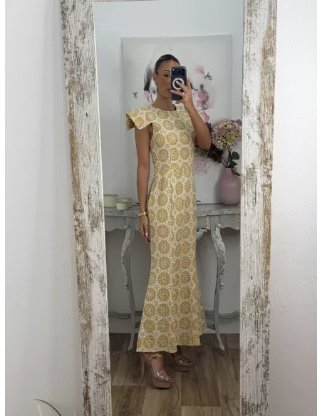 Vestido brocado amarillo y beige