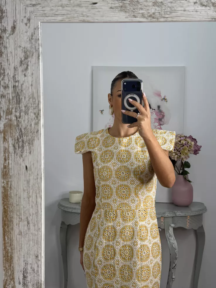 Vestido brocado amarillo y beige