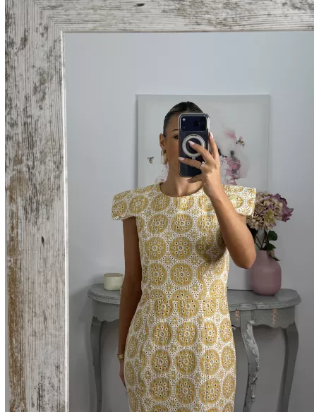 Vestido brocado amarillo y beige