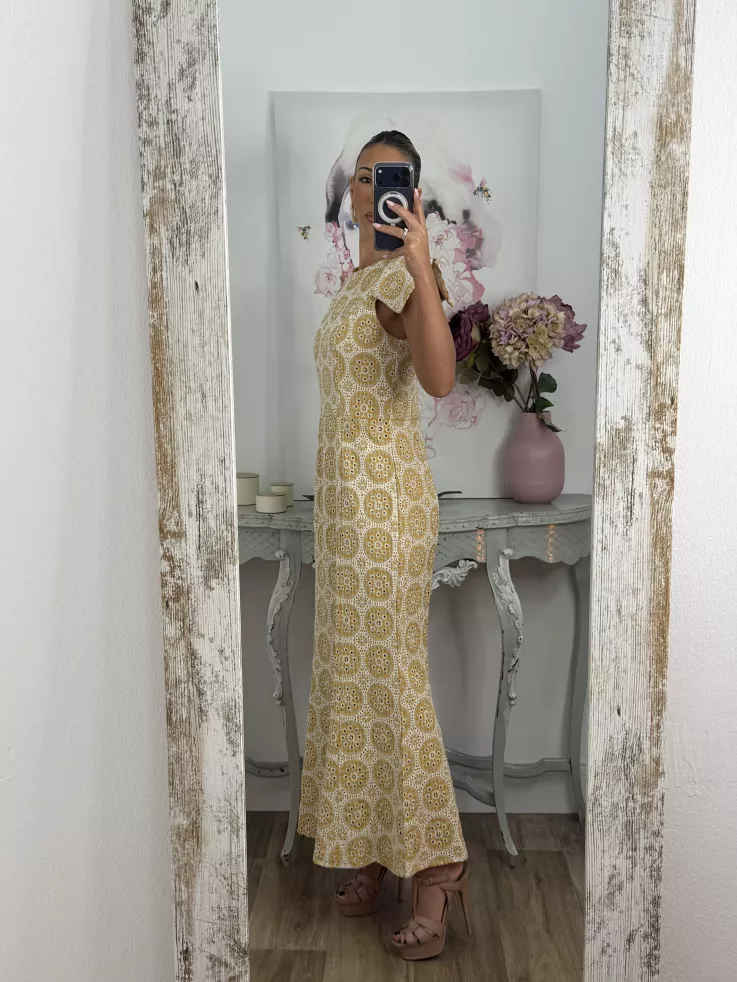 Vestido brocado amarillo y beige