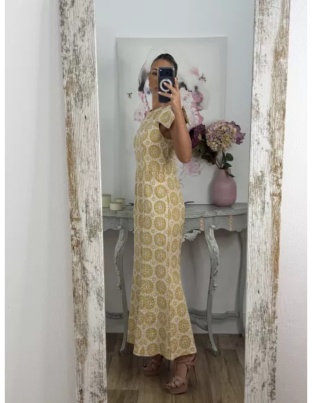 Vestido brocado amarillo y beige