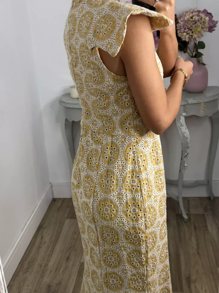 Vestido brocado amarillo y beige