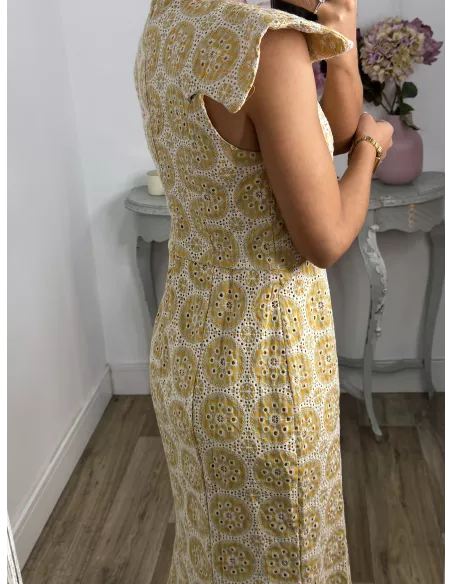Vestido brocado amarillo y beige