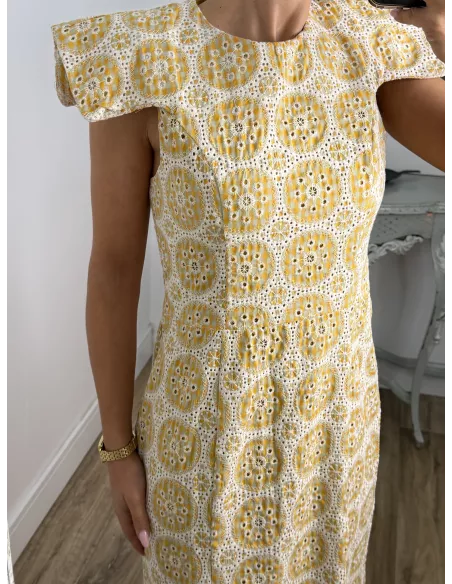 Vestido brocado amarillo y beige