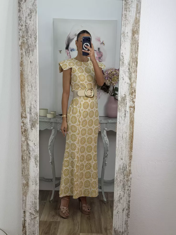 Vestido brocado amarillo y beige