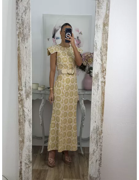 Vestido brocado amarillo y beige