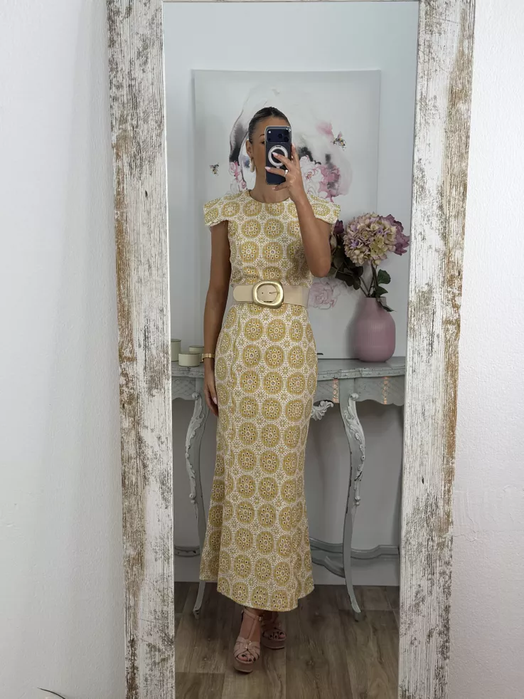 Vestido brocado amarillo y beige