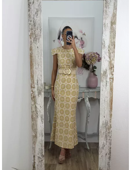Vestido brocado amarillo y beige