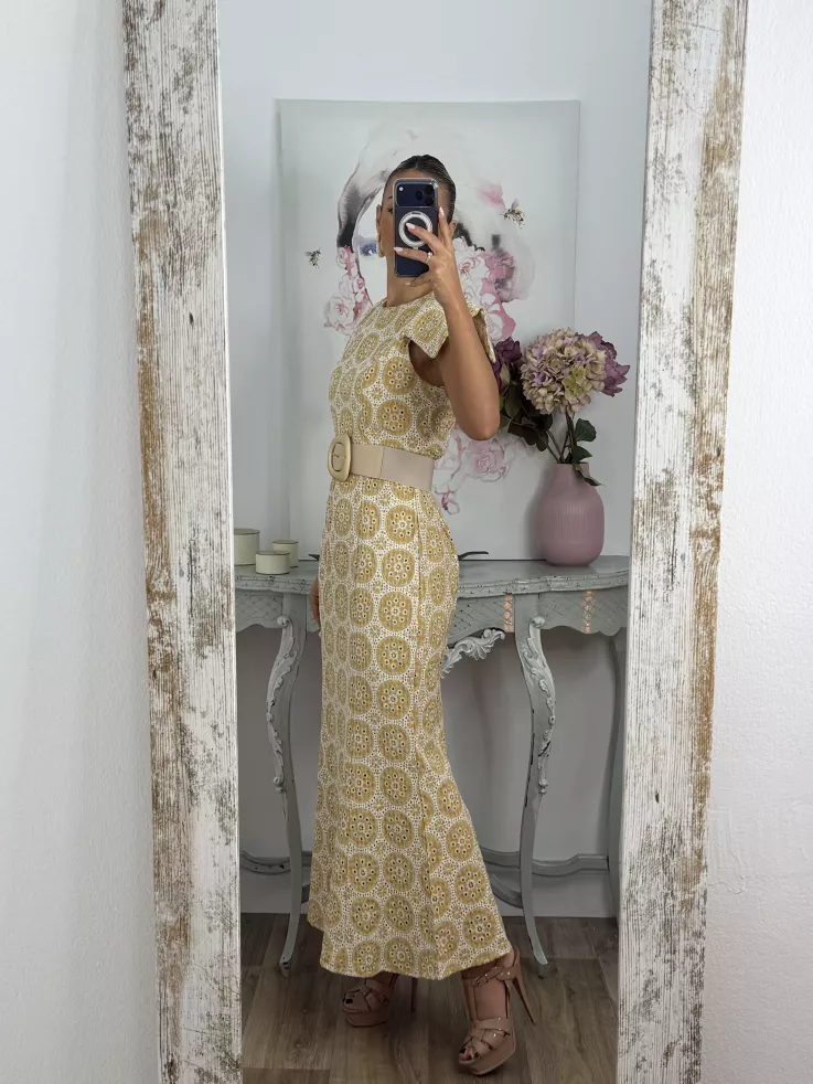 Vestido brocado amarillo y beige