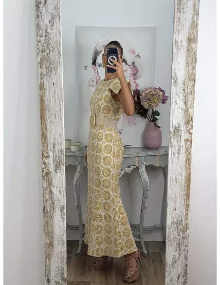 Vestido brocado amarillo y beige