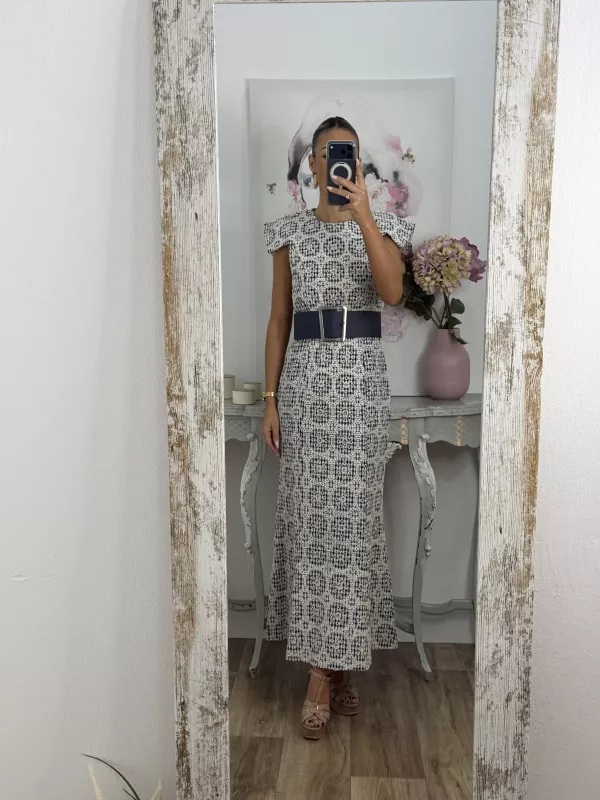 Vestido brocado azul y beige