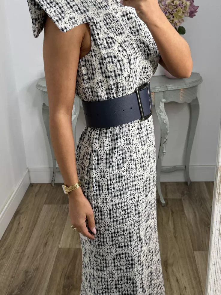 Vestido brocado azul y beige