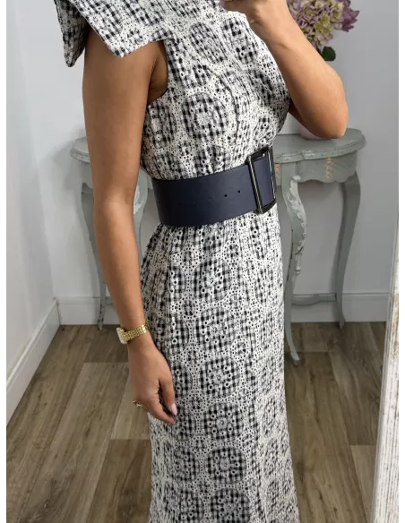 Vestido brocado azul y beige