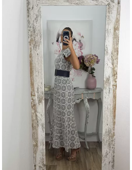 Vestido brocado azul y beige