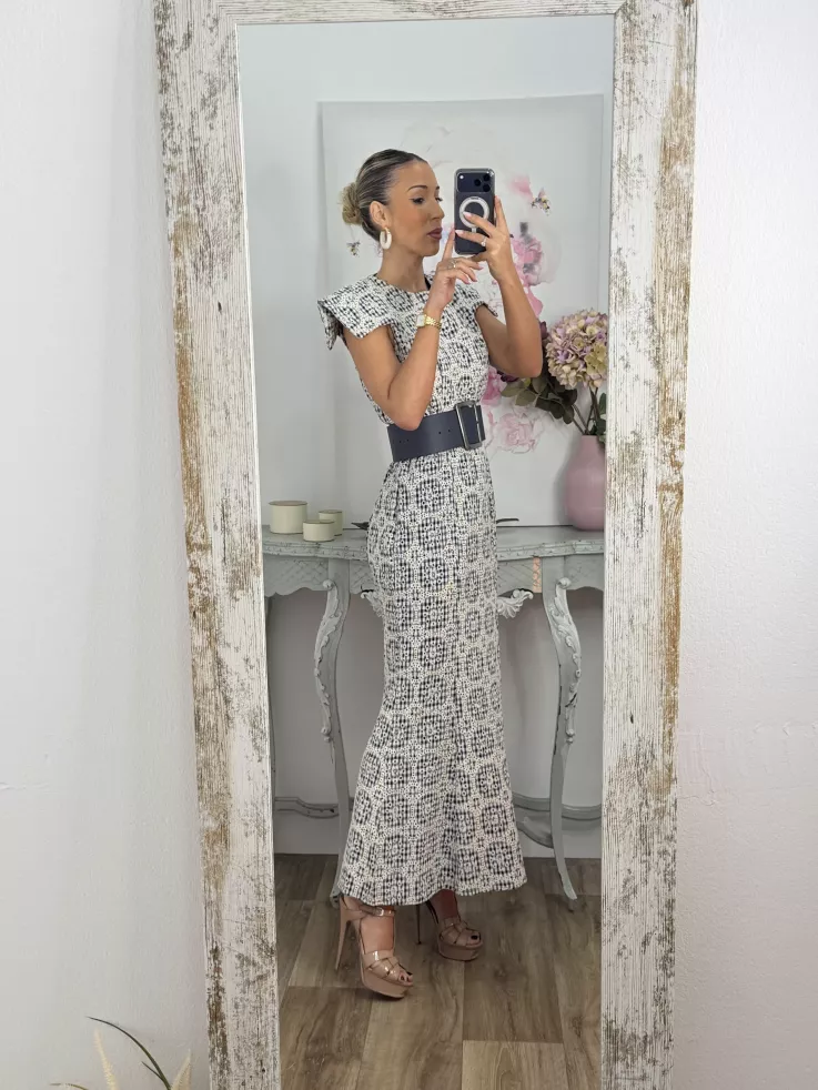 Vestido brocado azul y beige