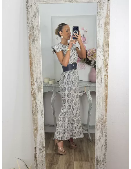 Vestido brocado azul y beige