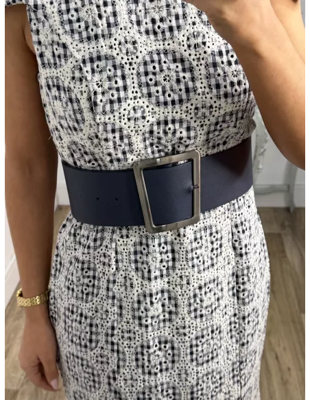 Vestido brocado azul y beige