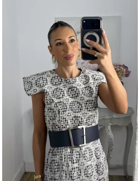 Vestido brocado azul y beige