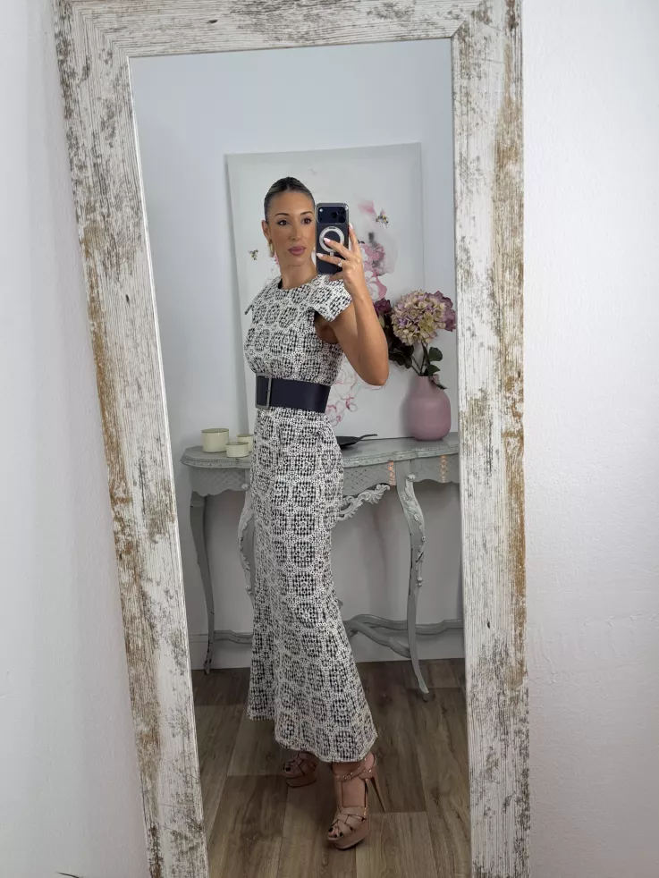 Vestido brocado azul y beige