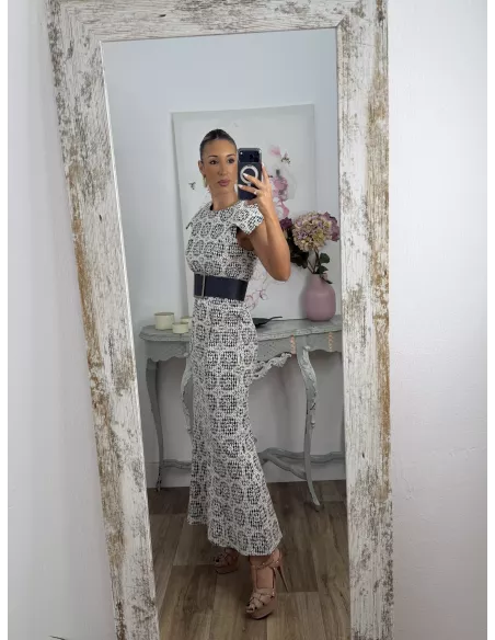 Vestido brocado azul y beige