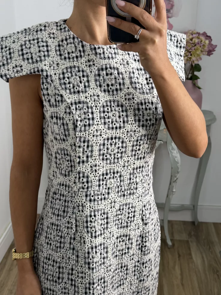 Vestido brocado azul y beige