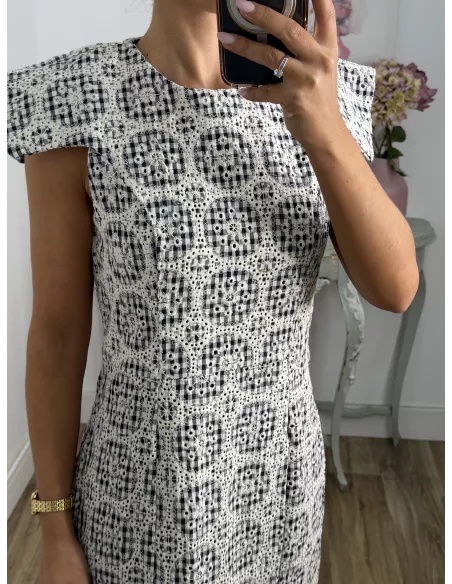 Vestido brocado azul y beige