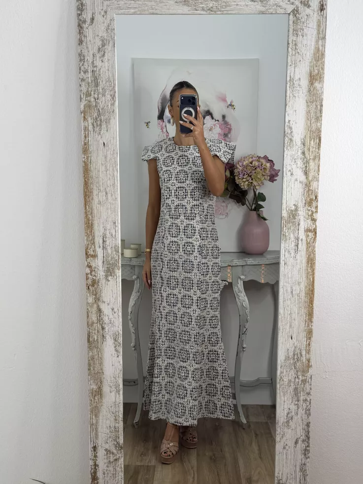 Vestido brocado azul y beige