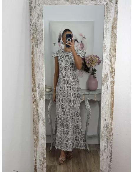 Vestido brocado azul y beige