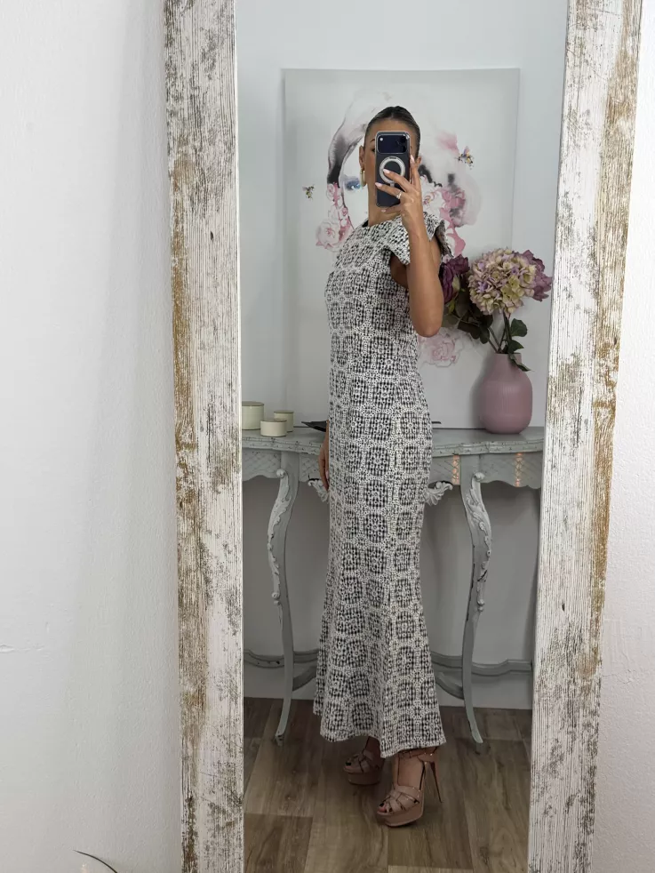 Vestido brocado azul y beige