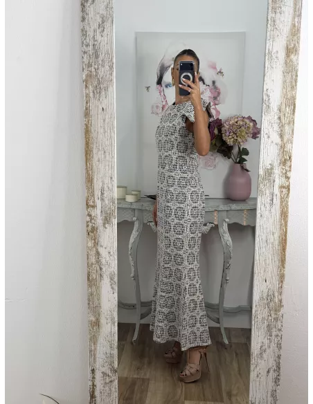 Vestido brocado azul y beige