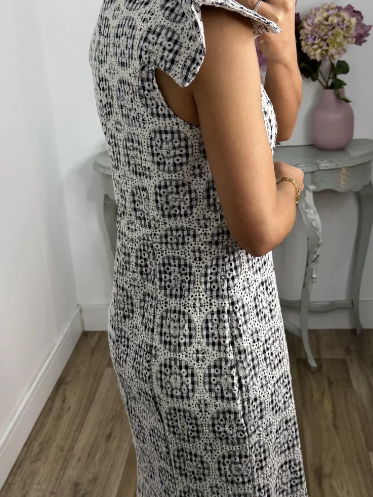 Vestido brocado azul y beige