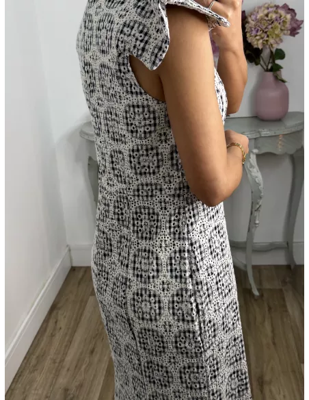 Vestido brocado azul y beige