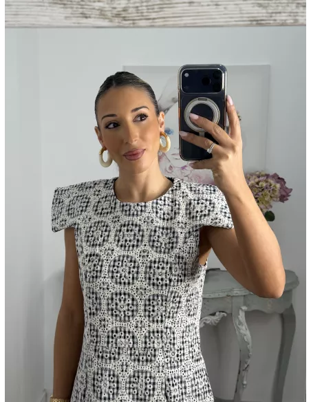 Vestido brocado azul y beige