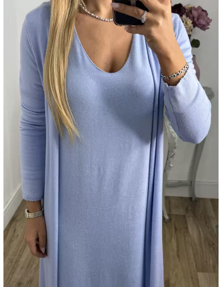 Conjunto cardigan y vestido punto azul celeste