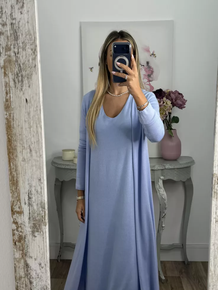 Conjunto cardigan y vestido punto azul celeste