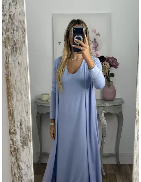 Conjunto cardigan y vestido punto azul celeste