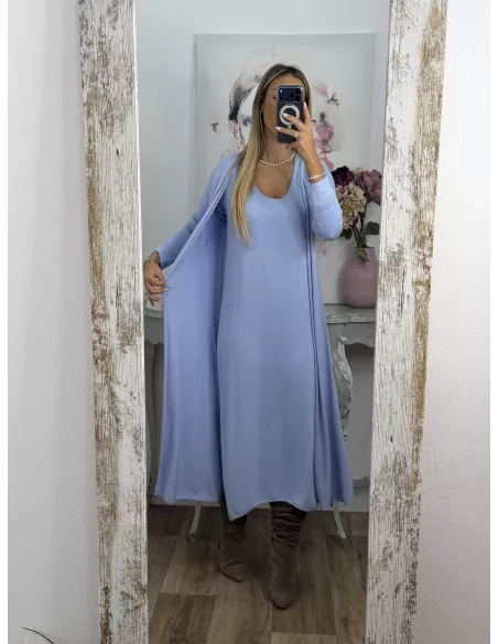 Conjunto cardigan y vestido punto azul celeste