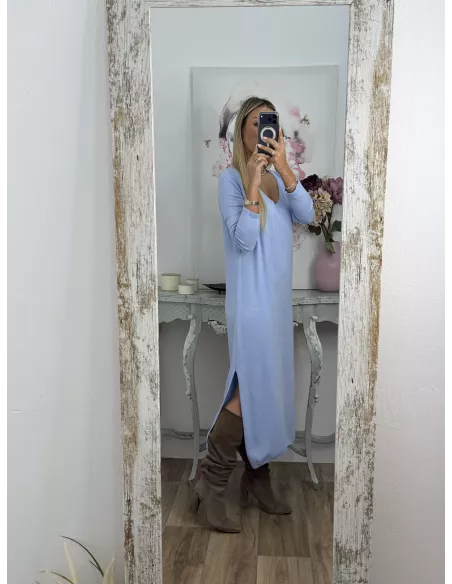 Conjunto cardigan y vestido punto azul celeste