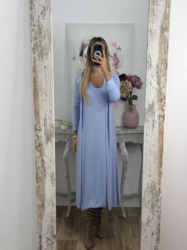 Conjunto cardigan y vestido punto azul celeste