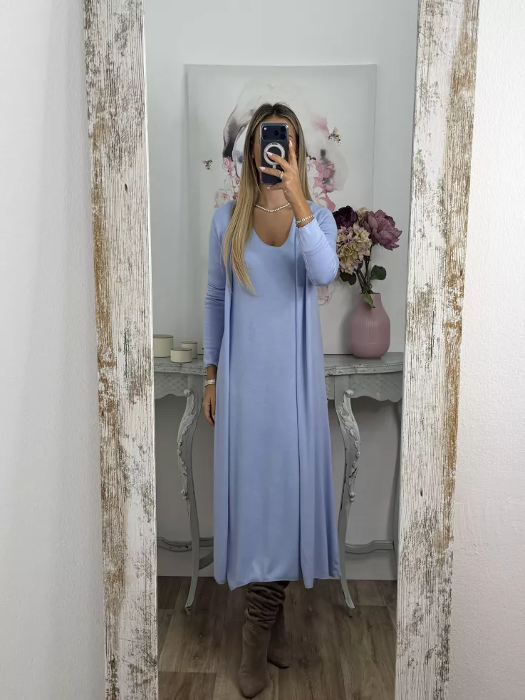 Conjunto cardigan y vestido punto azul celeste