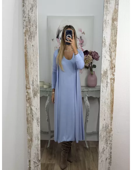 Conjunto cardigan y vestido punto azul celeste