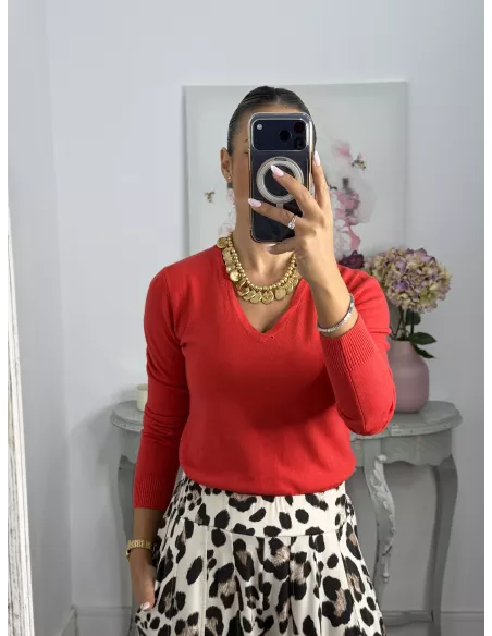 Jersey básico cuello de pico rojo