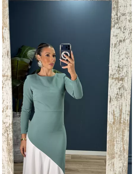 Vestido Jerez verdeaguay blanco