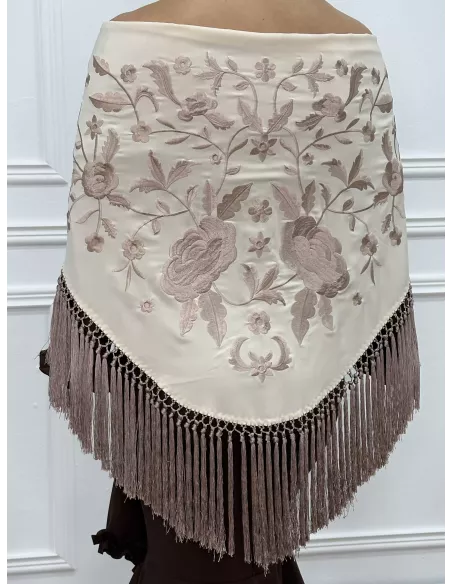 Mantón bordado beige y tostado
