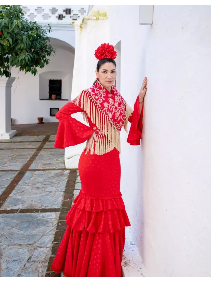 Mantón Rocio bordado rojo y beige