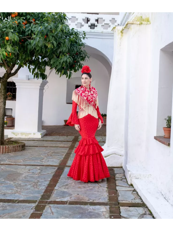 Mantón Rocio bordado rojo y beige