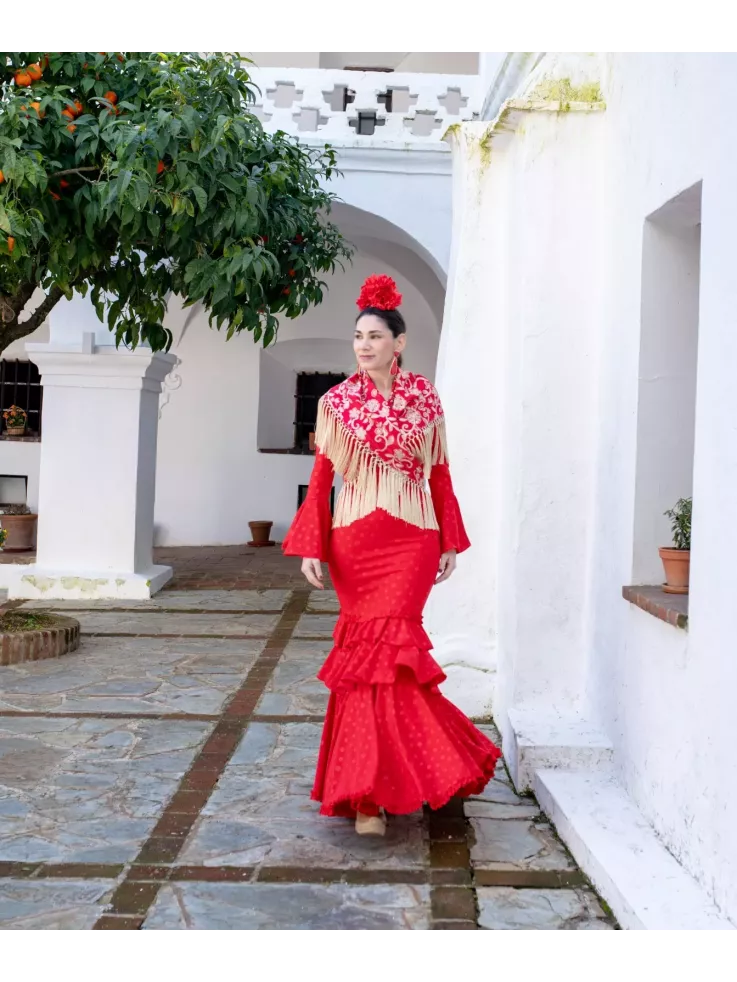 Mantón Rocio bordado rojo y beige