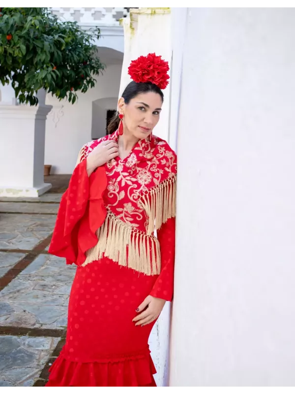 Mantón Rocio bordado rojo y beige